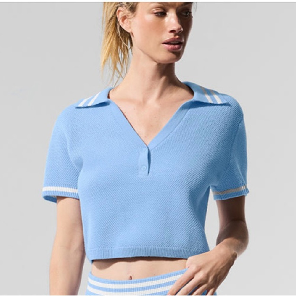 ALO Tennis Club Sweater Knit Cropped Polo - Seashell Blue/White NWT! 🐚 - Picture 4 of 11